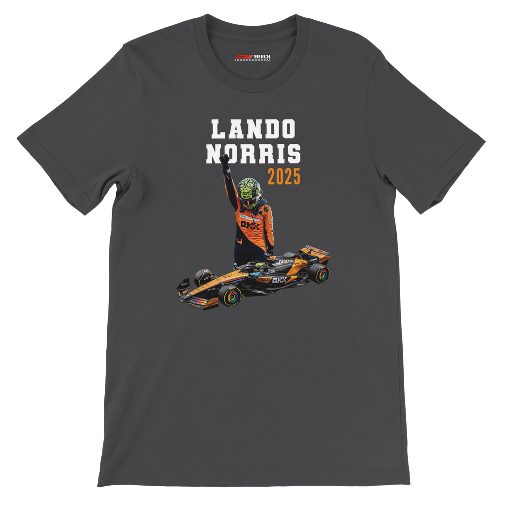 f111 merch dark-grey color t-shirt5 with lando-norris branding.