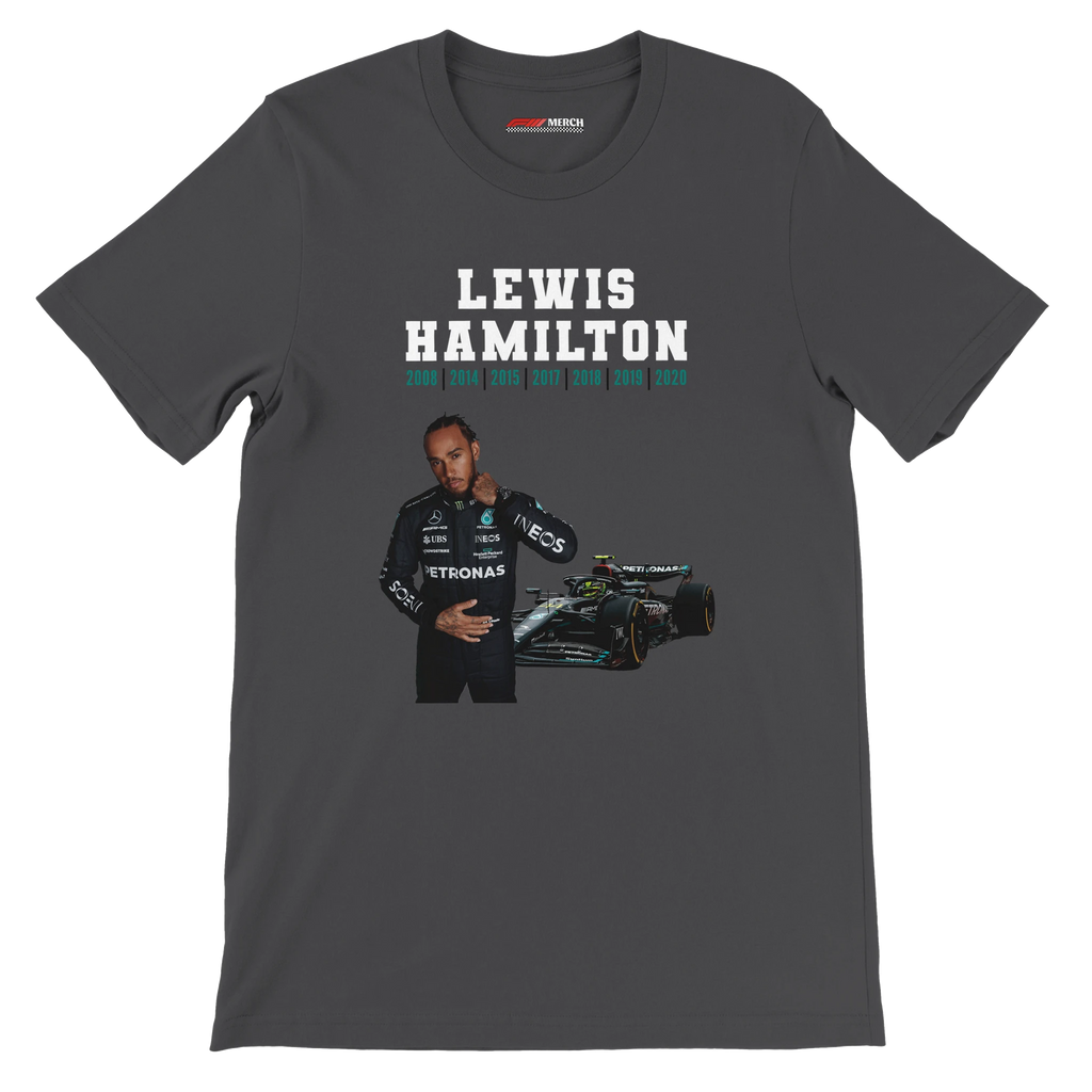 f111 merch dark-grey color t-shirt5 with lewis-hamilton branding.