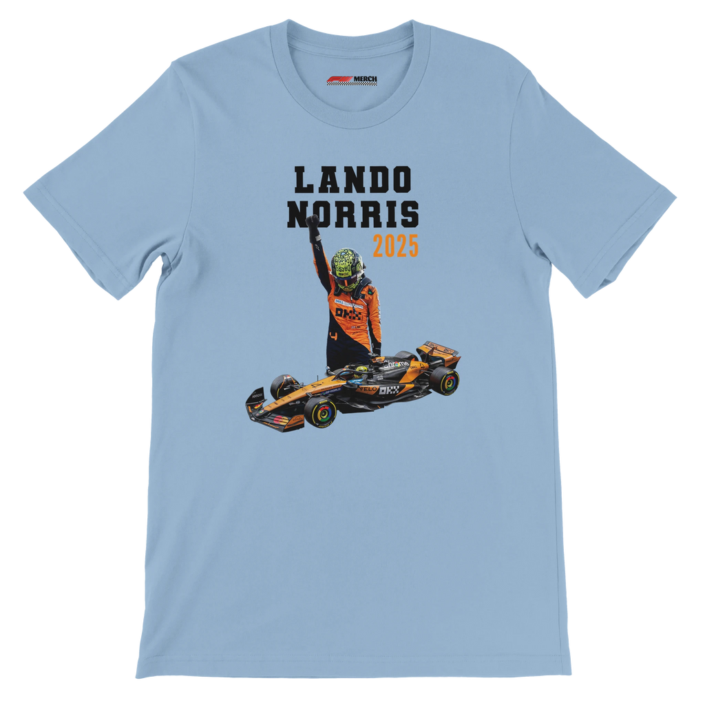 f111 merch light-blue color t-shirt5 with lando-norris branding.
