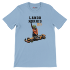 f111 merch light-blue color t-shirt5 with lando-norris branding.