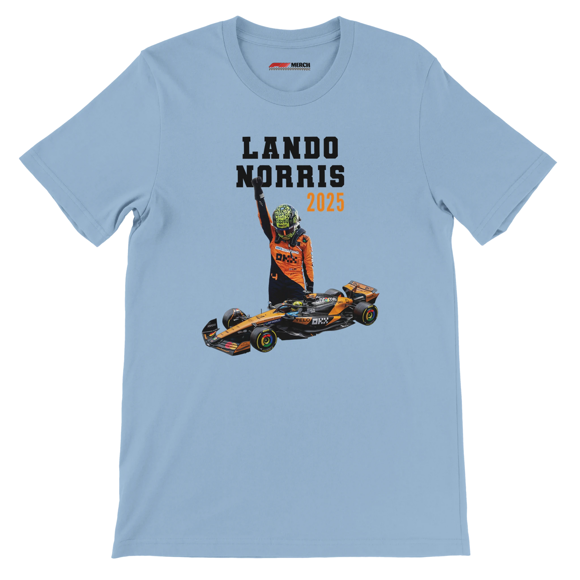 f111 merch light-blue color t-shirt5 with lando-norris branding.