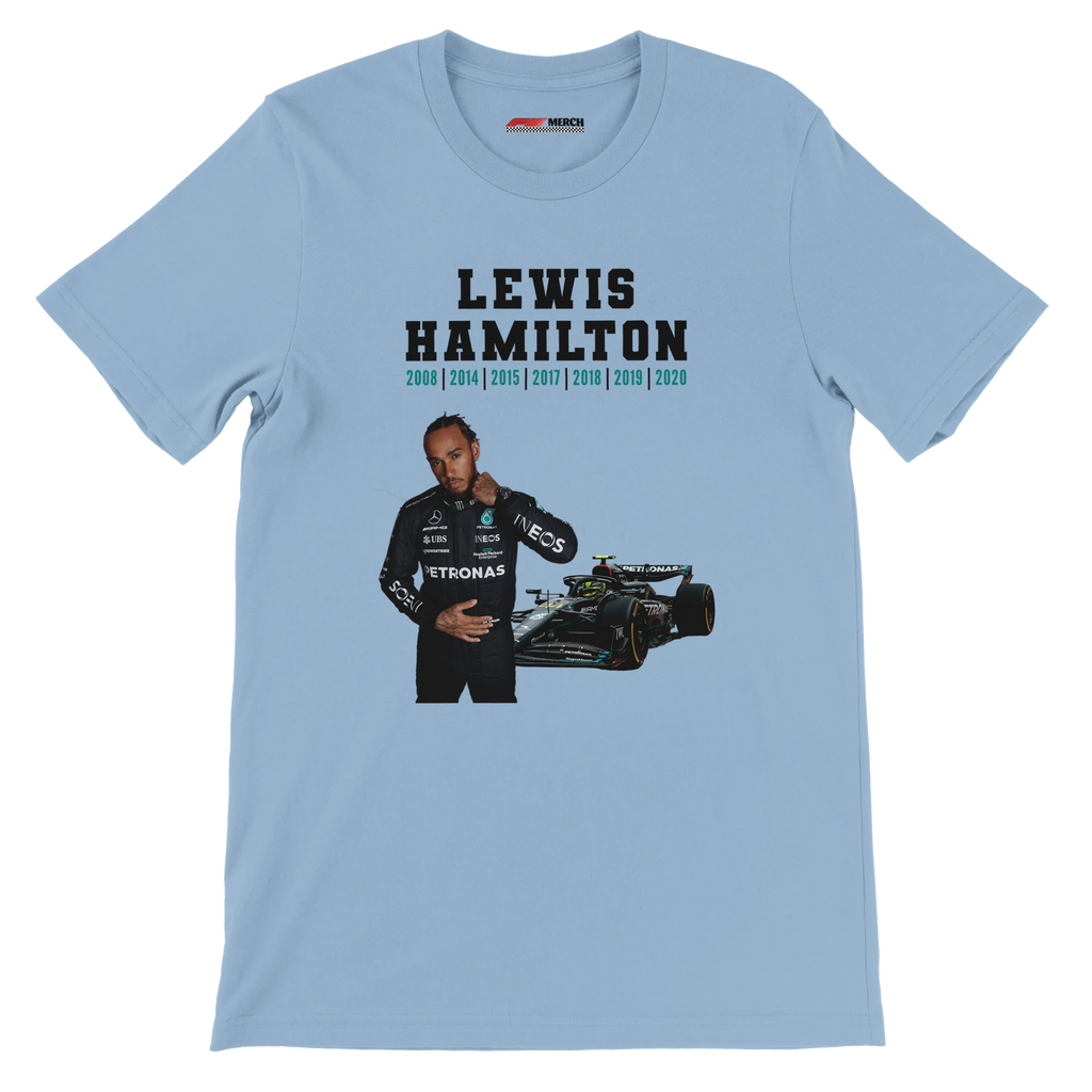 f111 merch light-blue color t-shirt5 with lewis-hamilton branding.