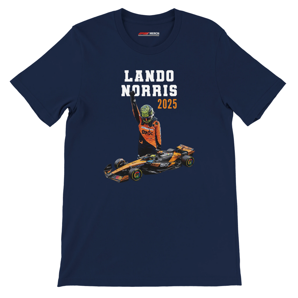 f111 merch navy color t-shirt5 with lando-norris branding.