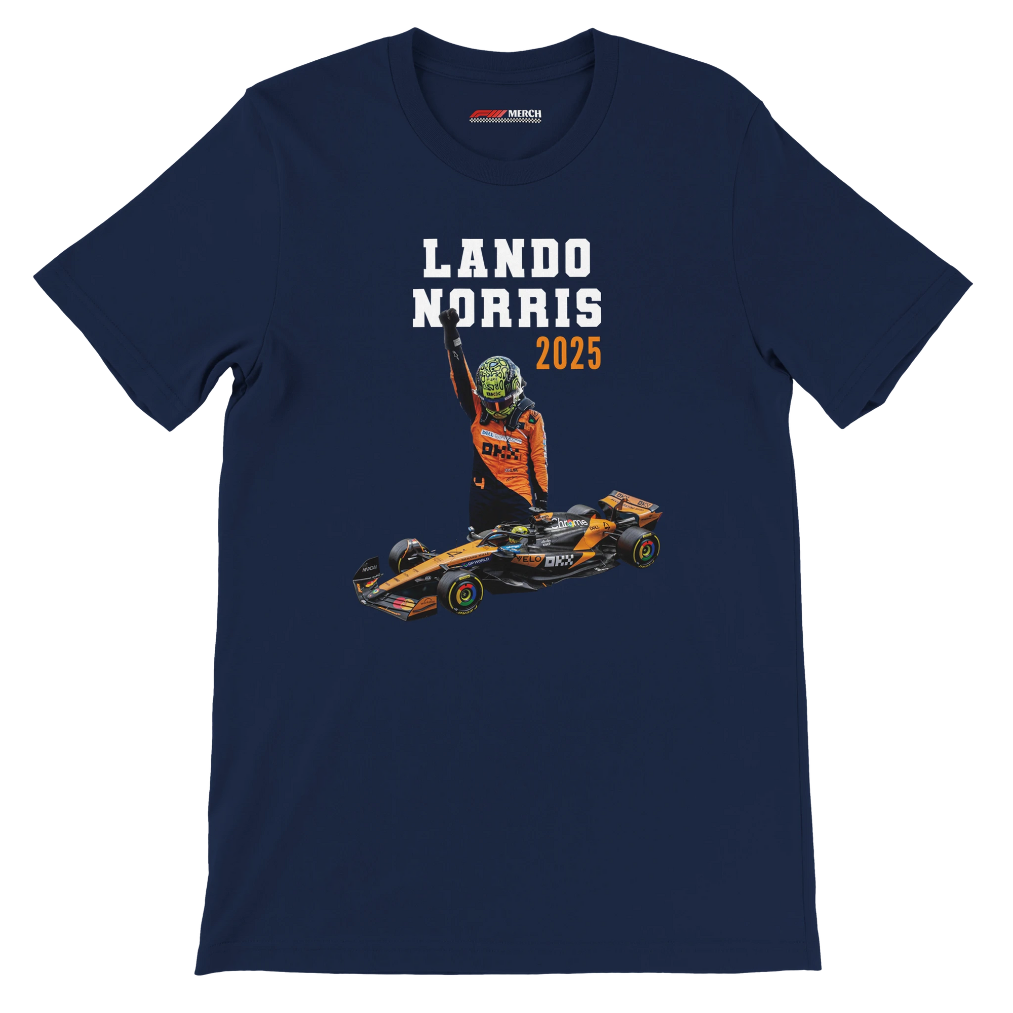 f111 merch navy color t-shirt5 with lando-norris branding.