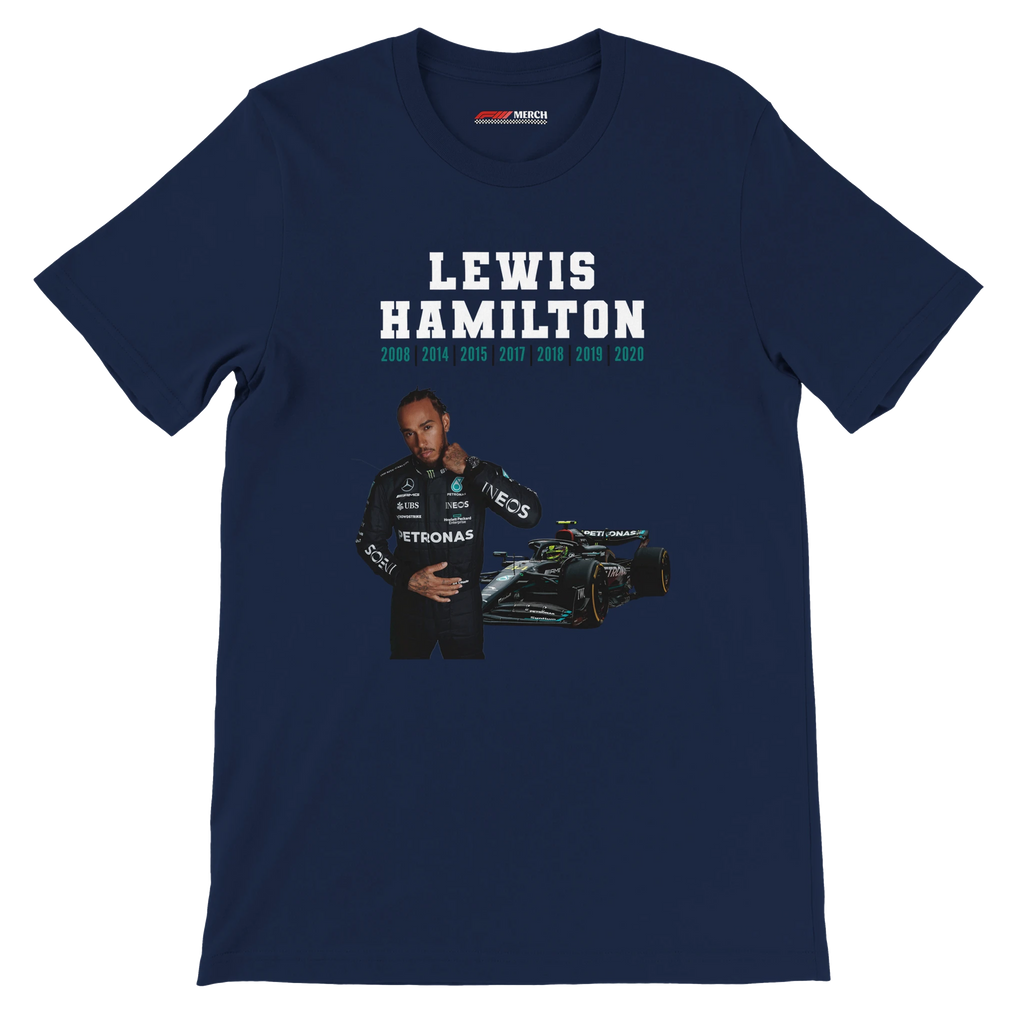 f111 merch navy color t-shirt5 with lewis-hamilton branding.