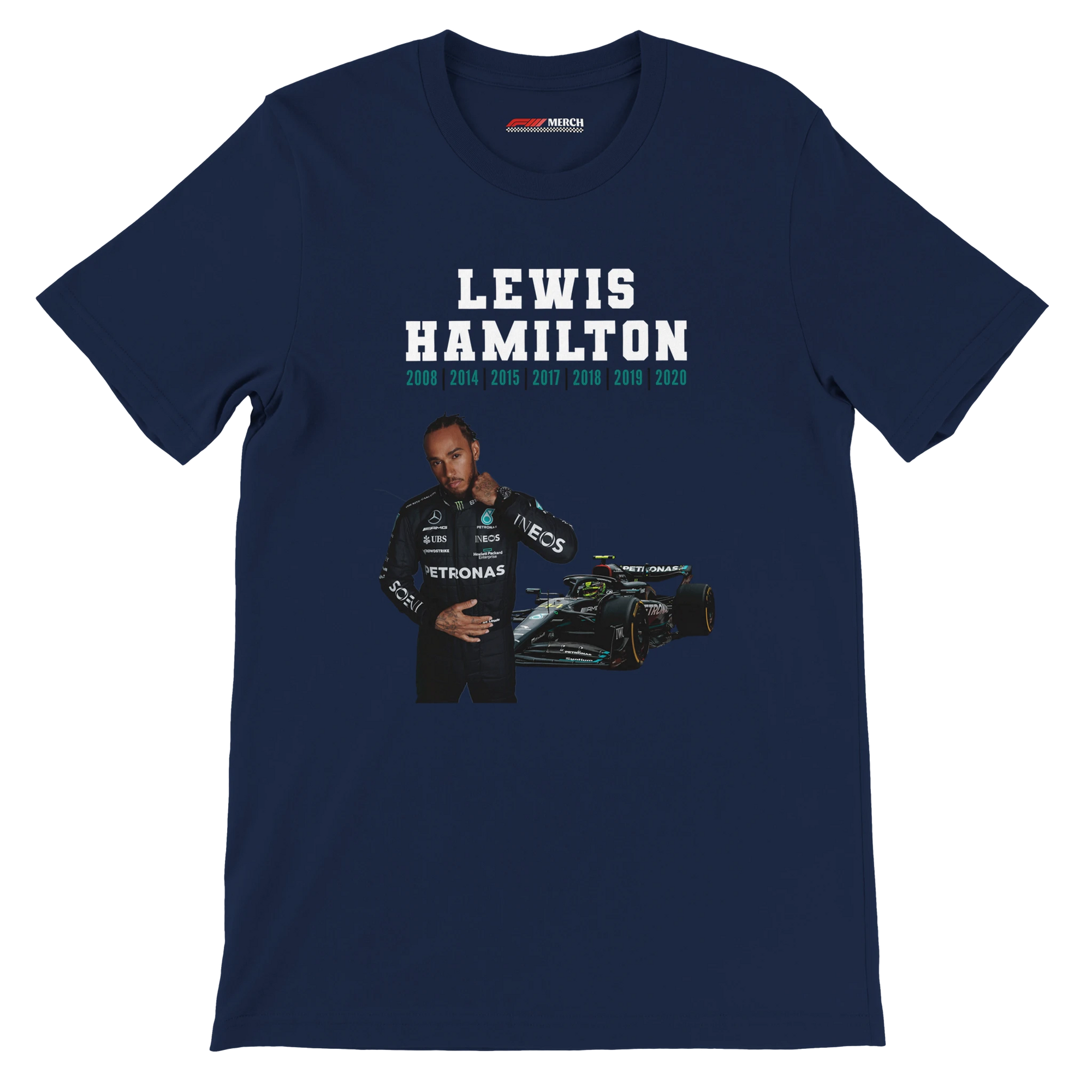f111 merch navy color t-shirt5 with lewis-hamilton branding.
