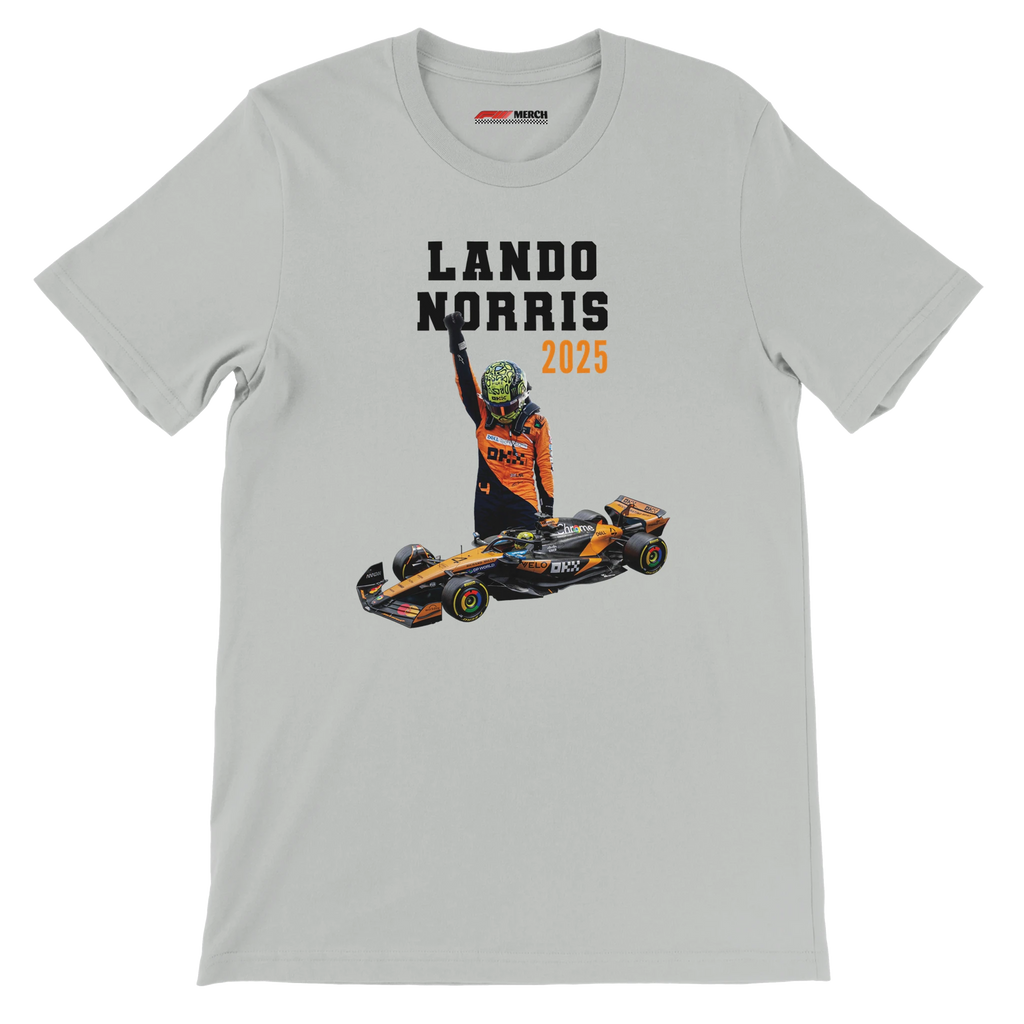 f111 merch silver color t-shirt5 with lando-norris branding.