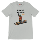 f111 merch silver color t-shirt5 with lando-norris branding.