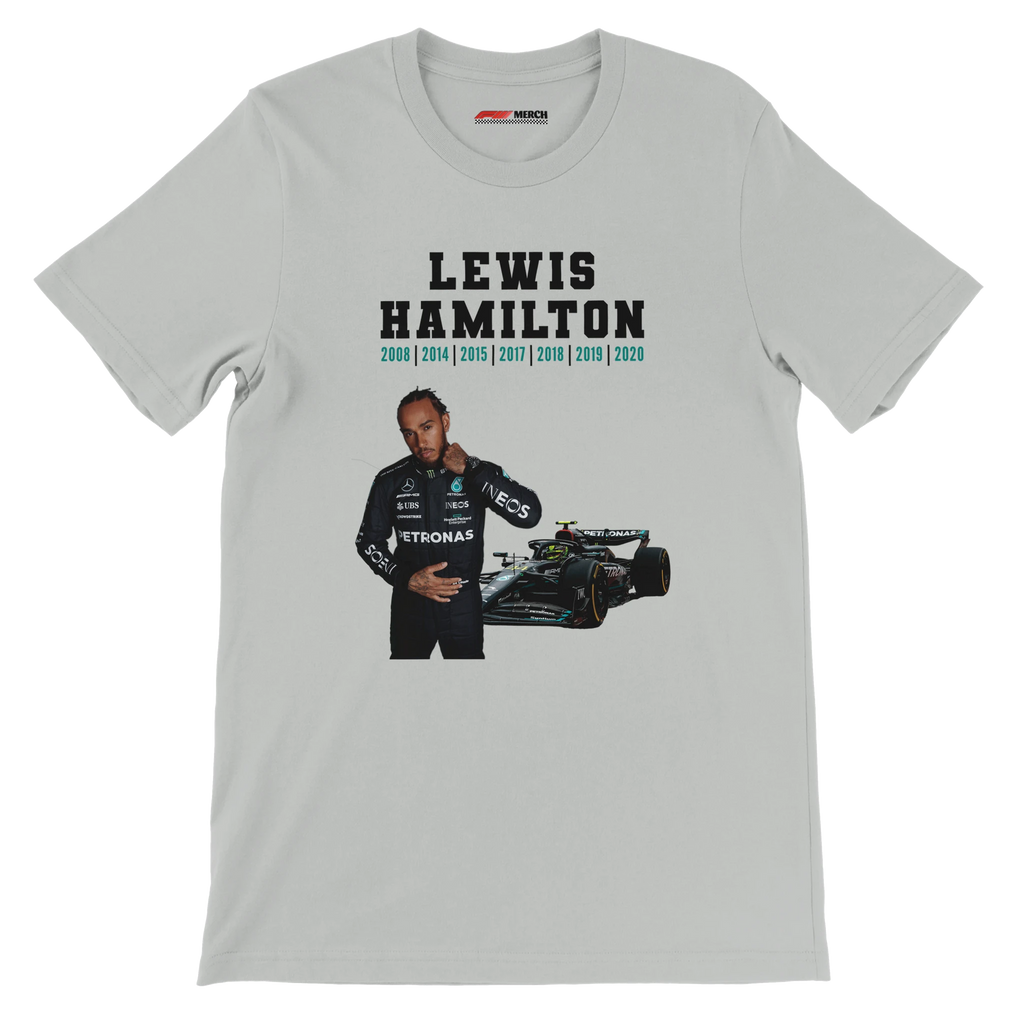f111 merch silver color t-shirt5 with lewis-hamilton branding.