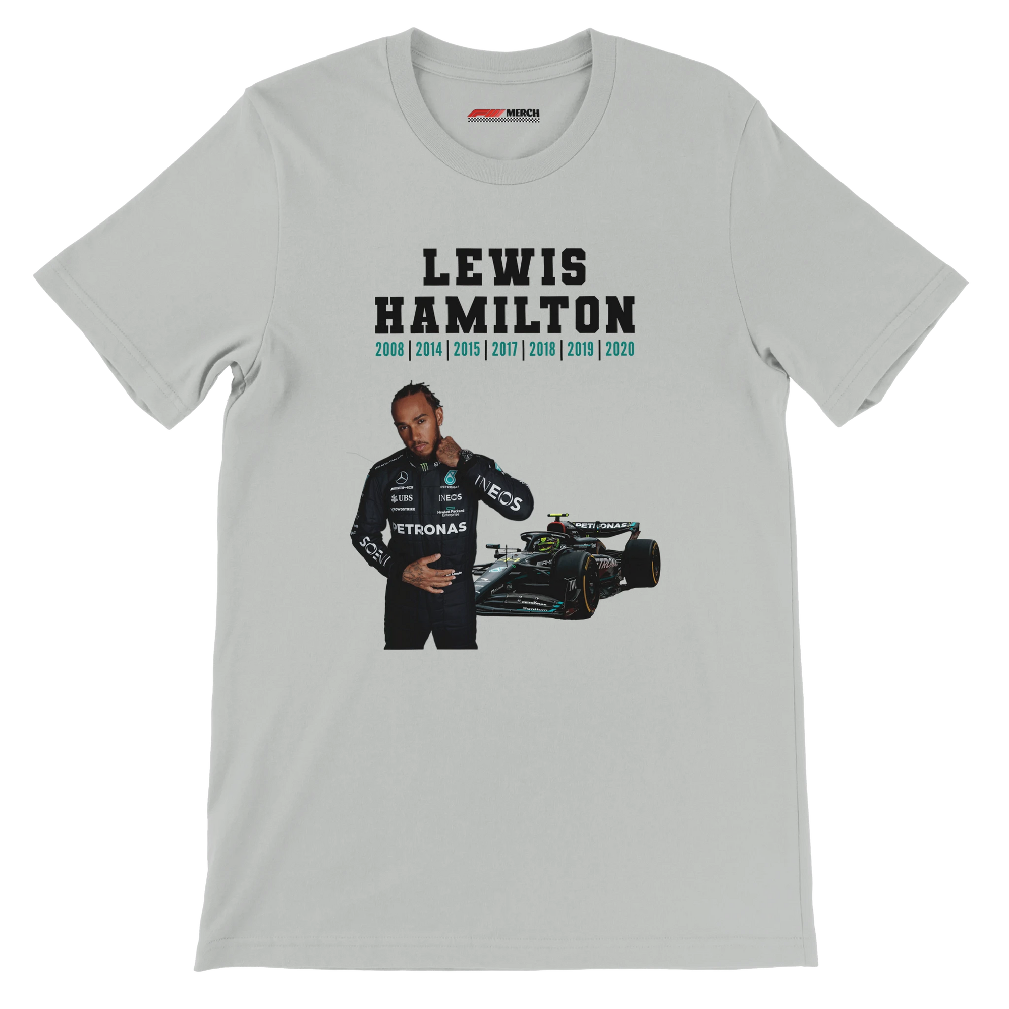f111 merch silver color t-shirt5 with lewis-hamilton branding.
