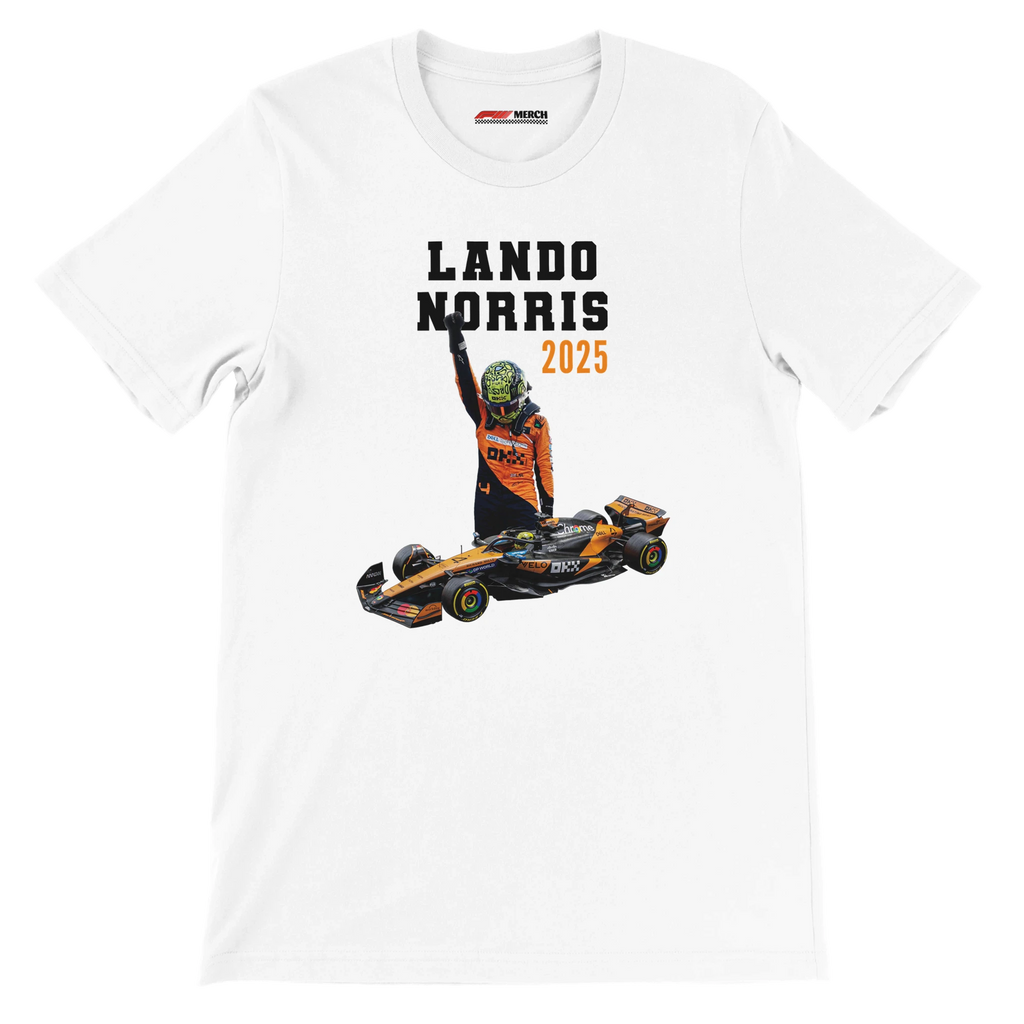 f111 merch white color t-shirt5 with lando-norris branding.