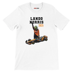 f111 merch white color t-shirt5 with lando-norris branding.