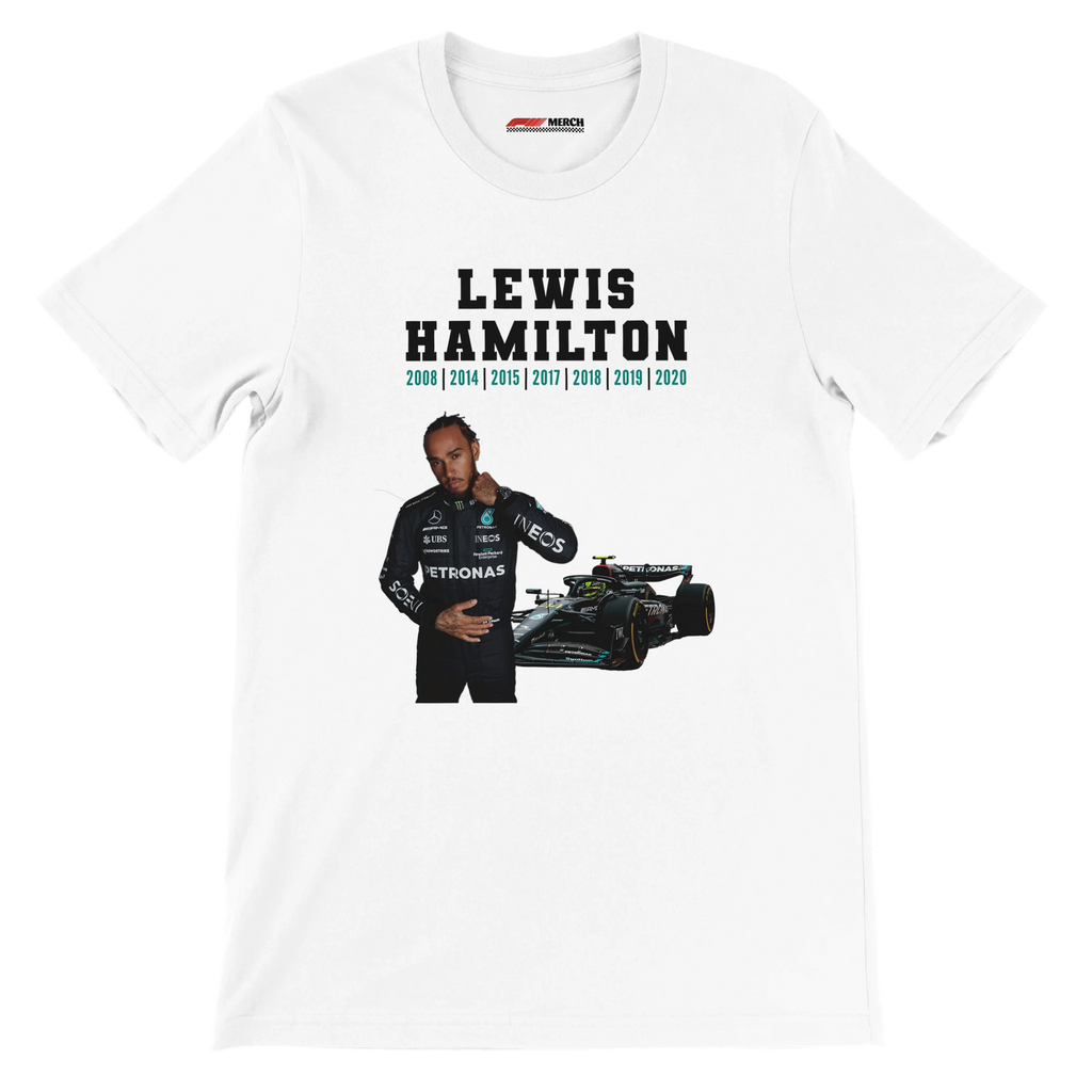 f111 merch white color t-shirt5 with lewis-hamilton branding.