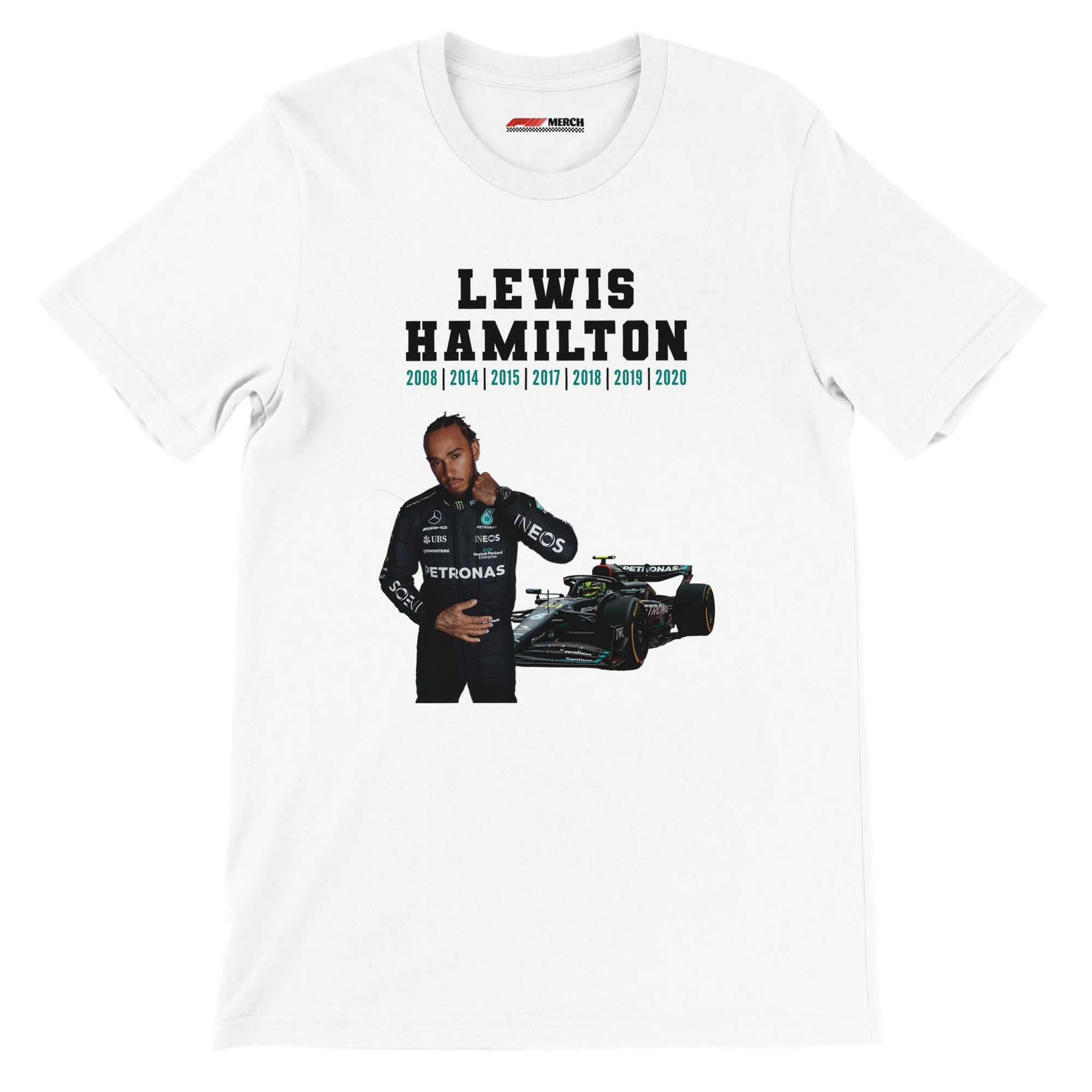 f111 merch white color t-shirt5 with lewis-hamilton branding.