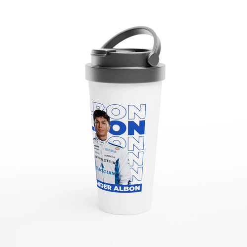 f111 merch white color travel-mug with albon branding.