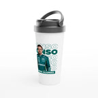 f111 merch white color travel-mug with alonso branding.