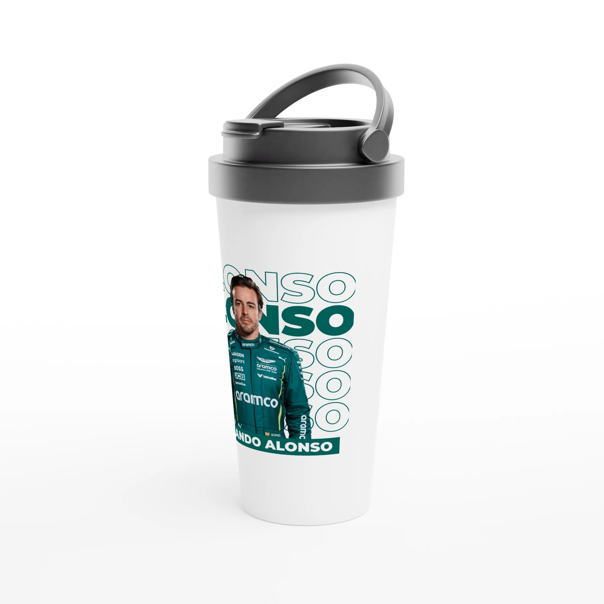 f111 merch white color travel-mug with alonso branding.