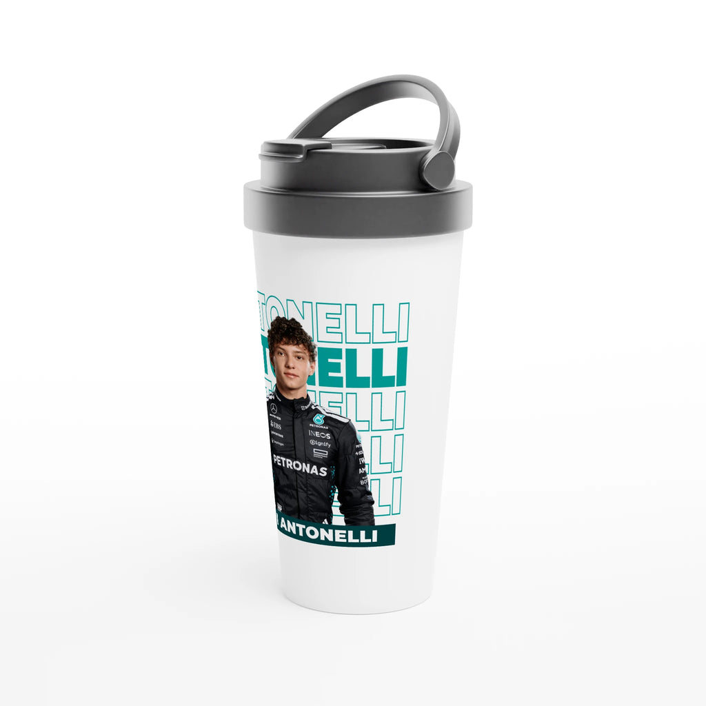 f111 merch white color travel-mug with antonelli branding.