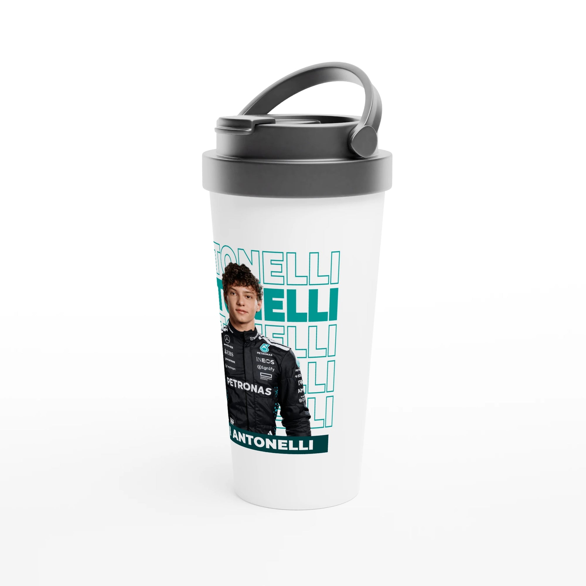 f111 merch white color travel-mug with antonelli branding.