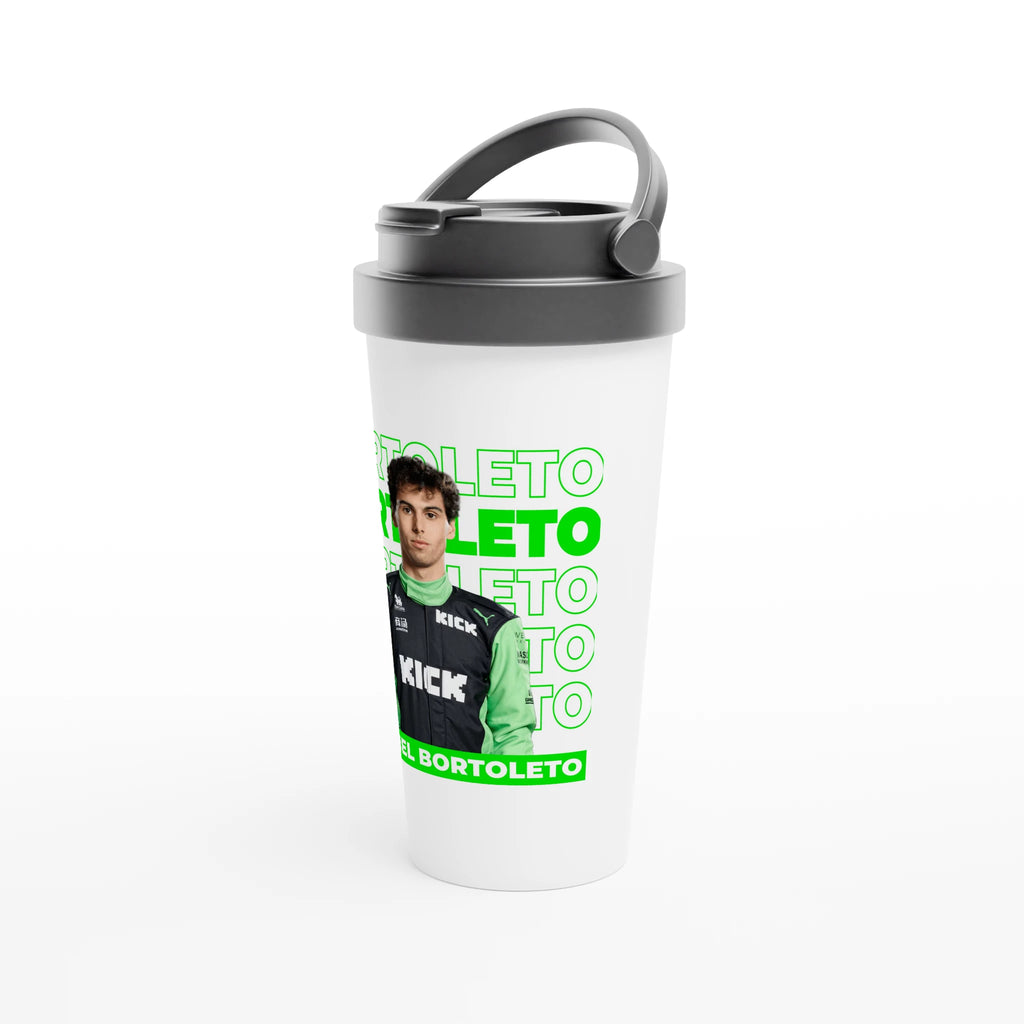 f111 merch white color travel-mug with bortoleto branding.