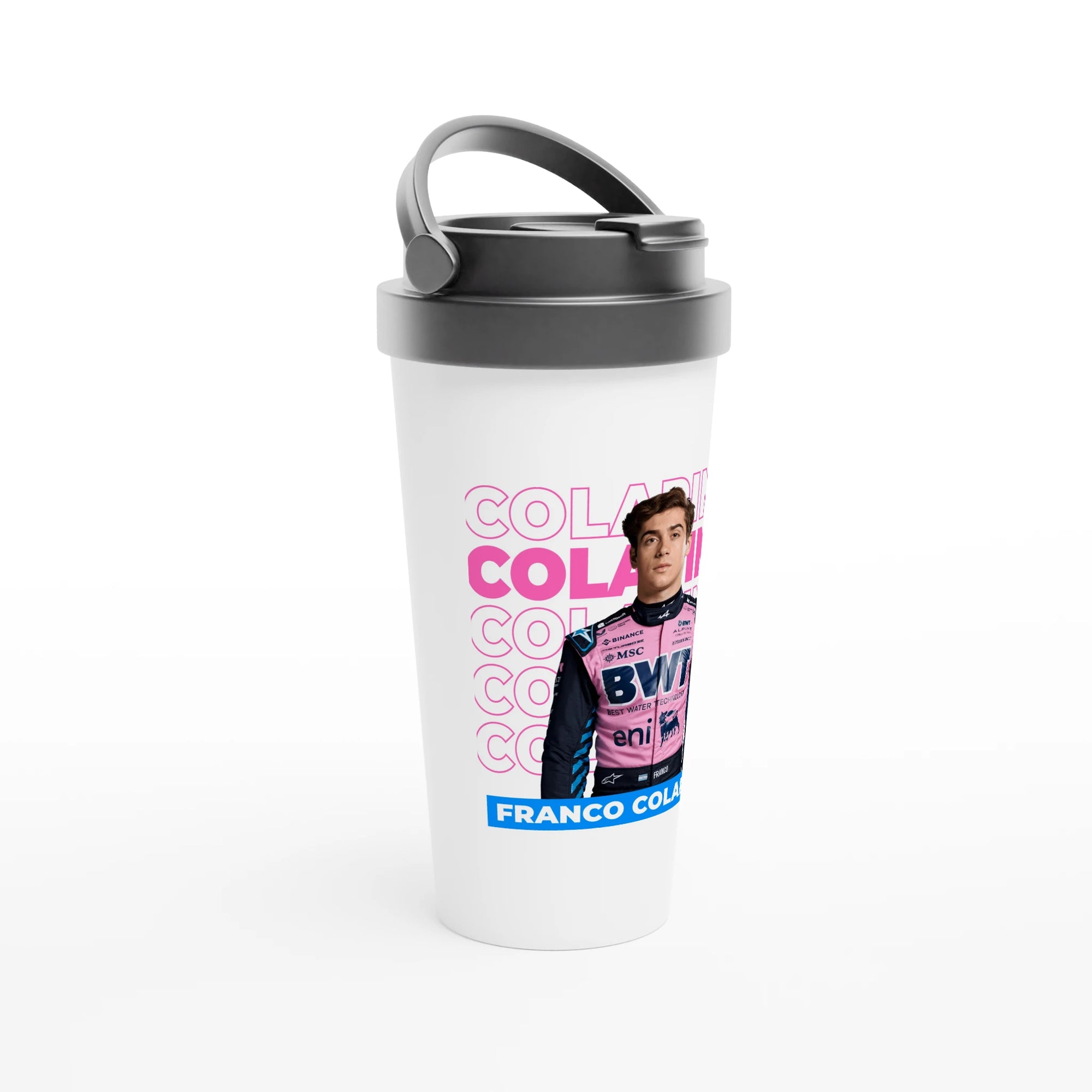 f111 merch white color travel-mug with colapinto branding.
