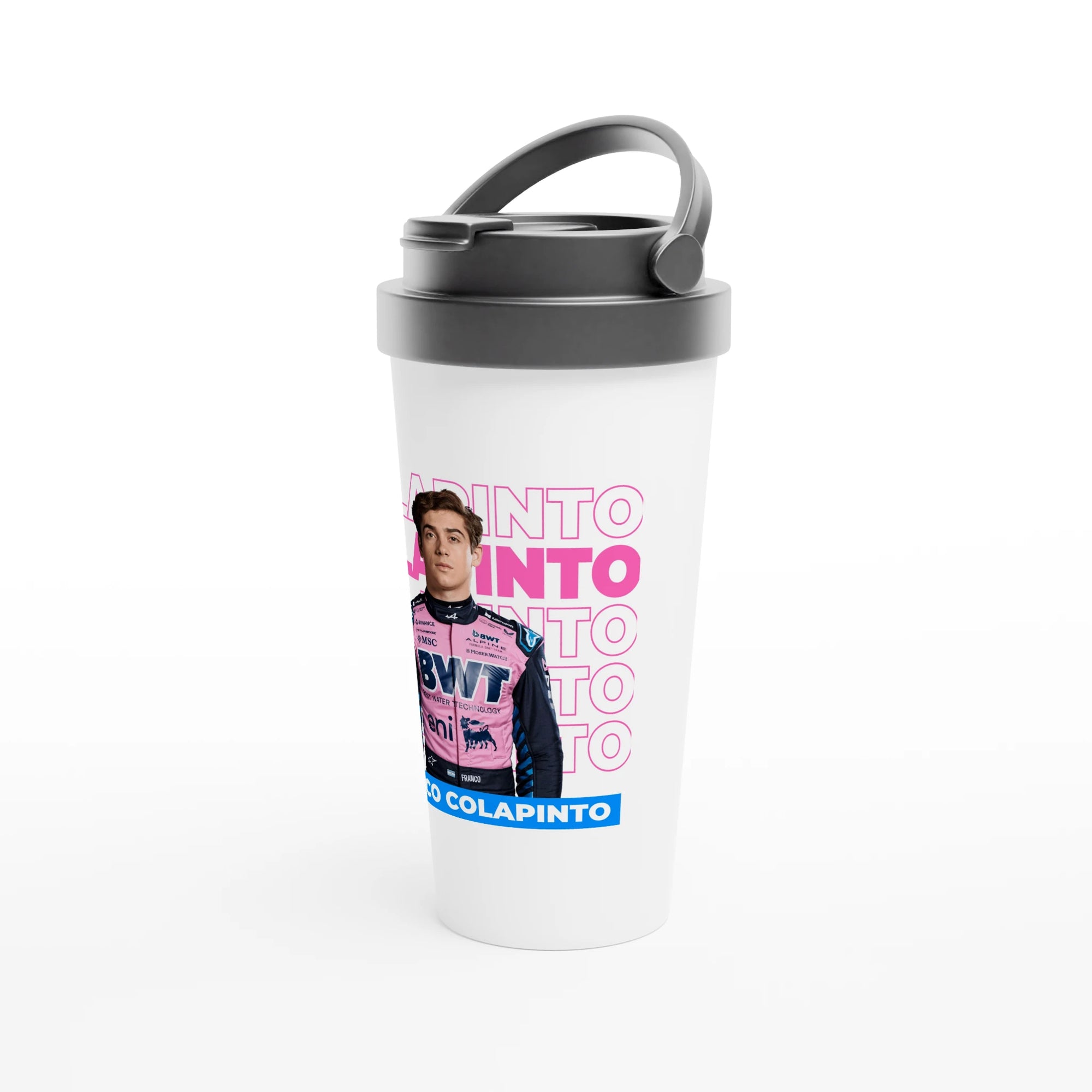 f111 merch white color travel-mug with colapinto branding.