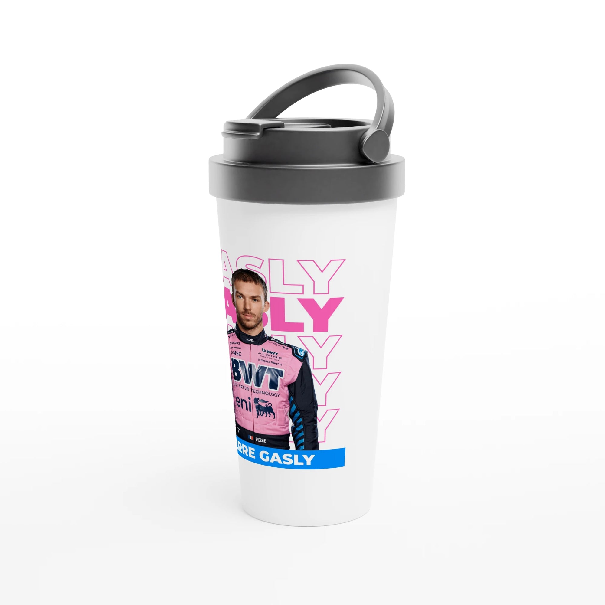 f111 merch white color travel-mug with gasly branding.