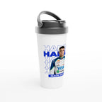 f111 merch white color travel-mug with hadjar branding.