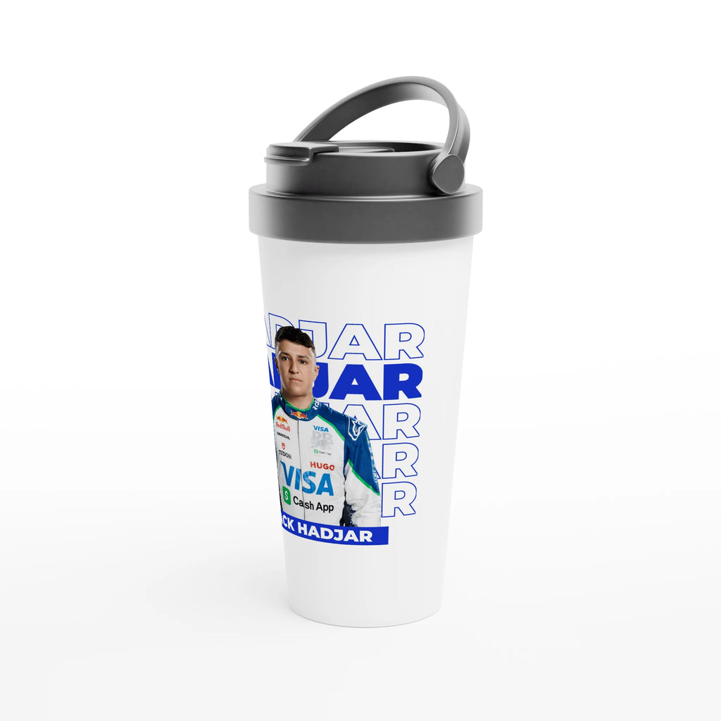 f111 merch white color travel-mug with hadjar branding.