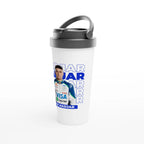 f111 merch white color travel-mug with hadjar branding.