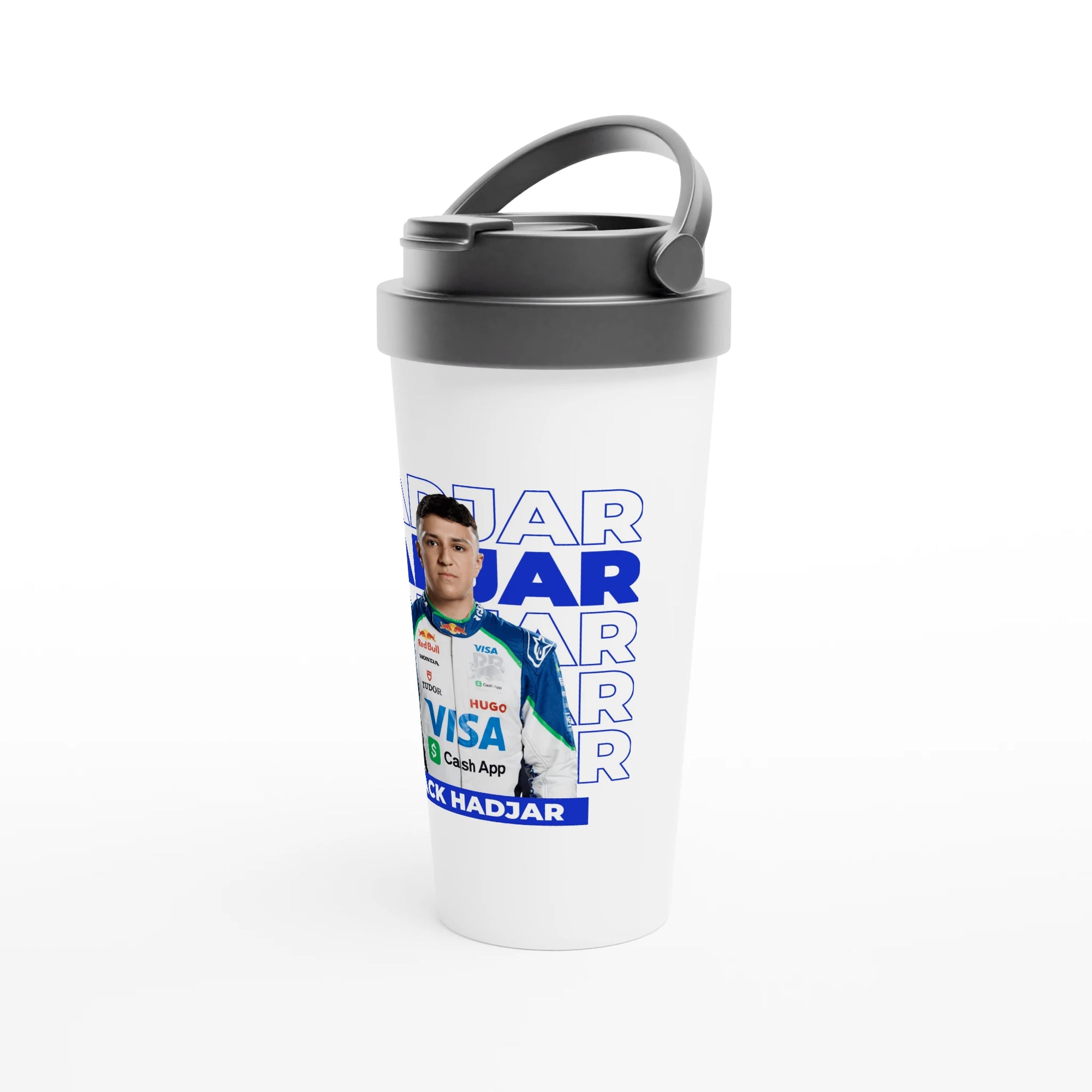 f111 merch white color travel-mug with hadjar branding.