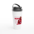 f111 merch white color travel-mug with hamilton branding.