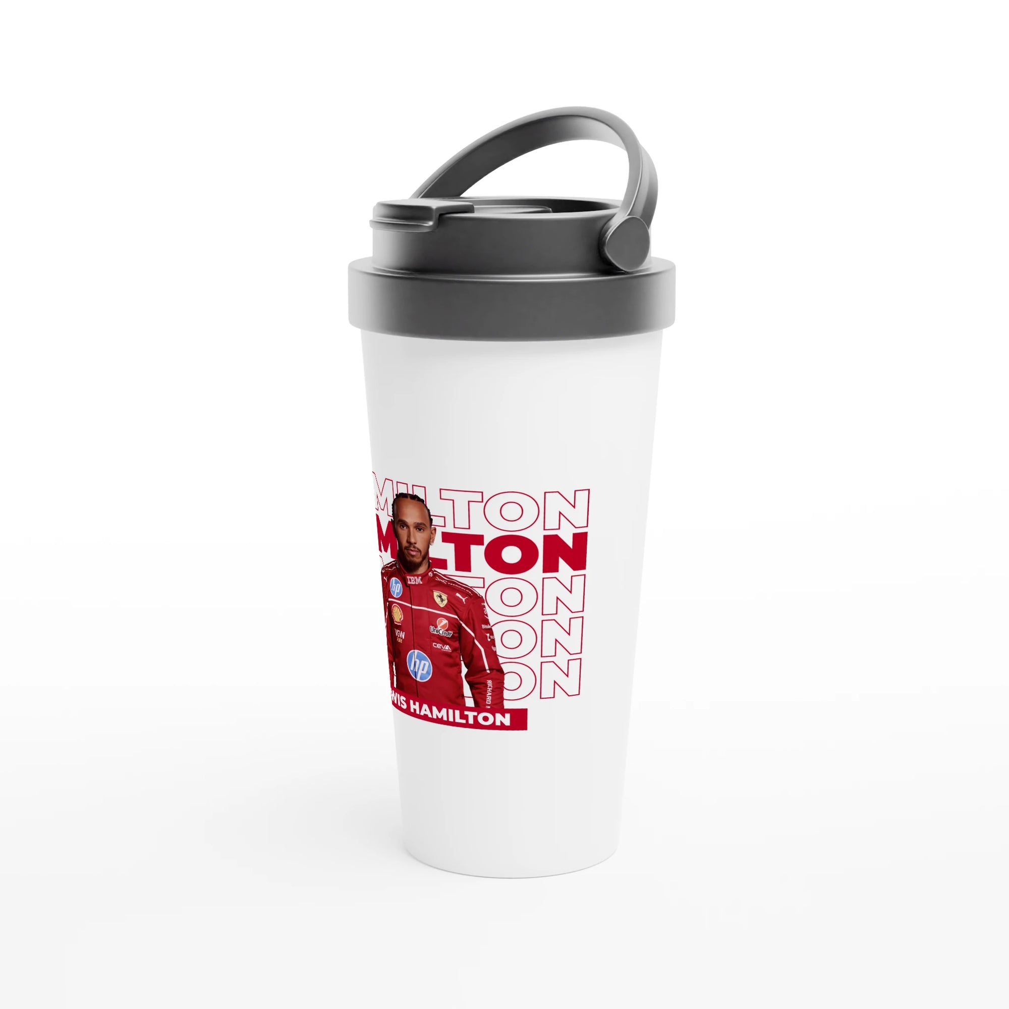 f111 merch white color travel-mug with hamilton branding.