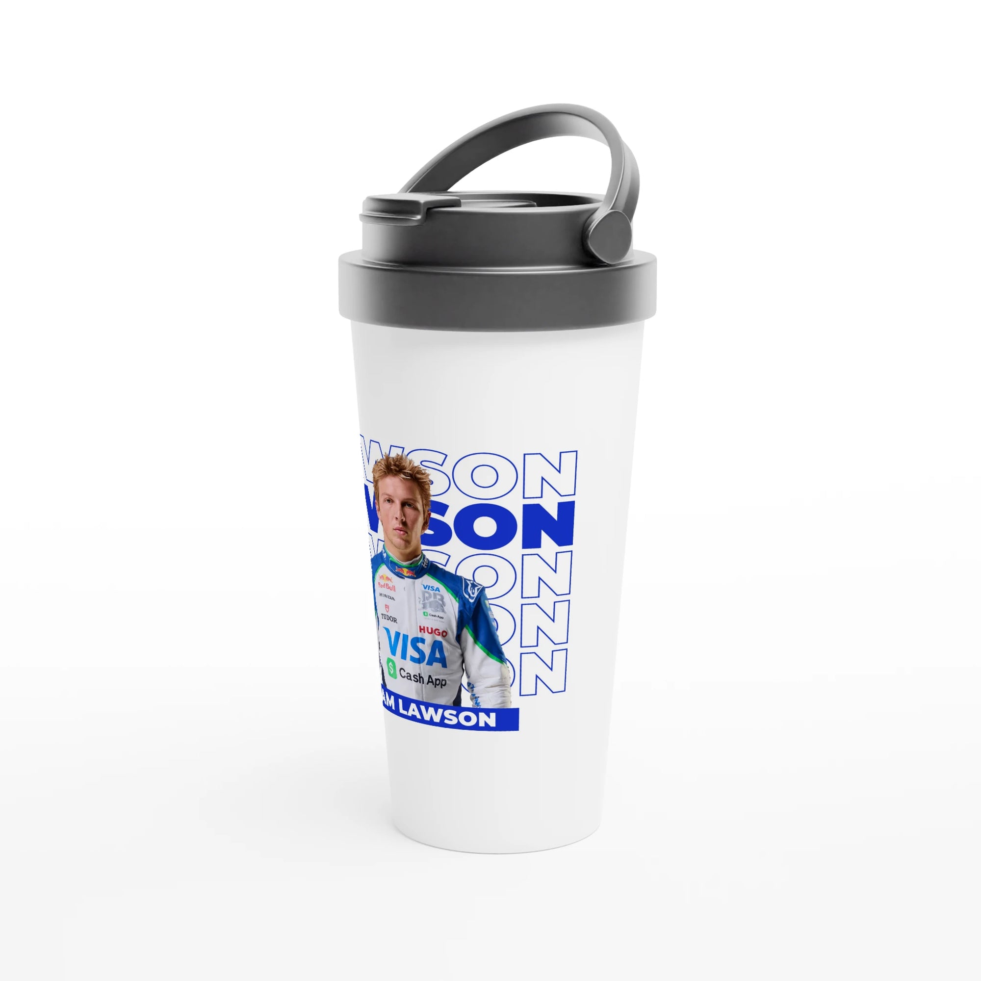 f111 merch white color travel-mug with lawson branding.