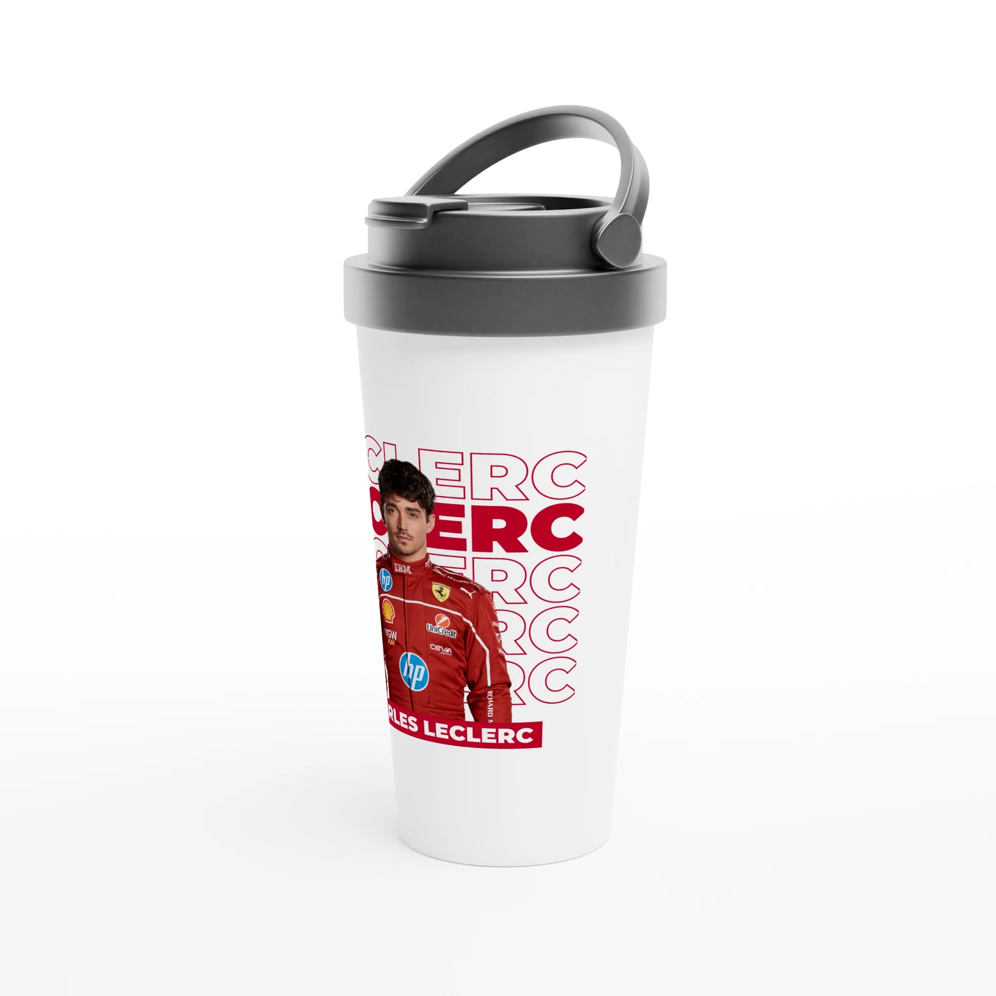f111 merch white color travel-mug with leclerc branding.