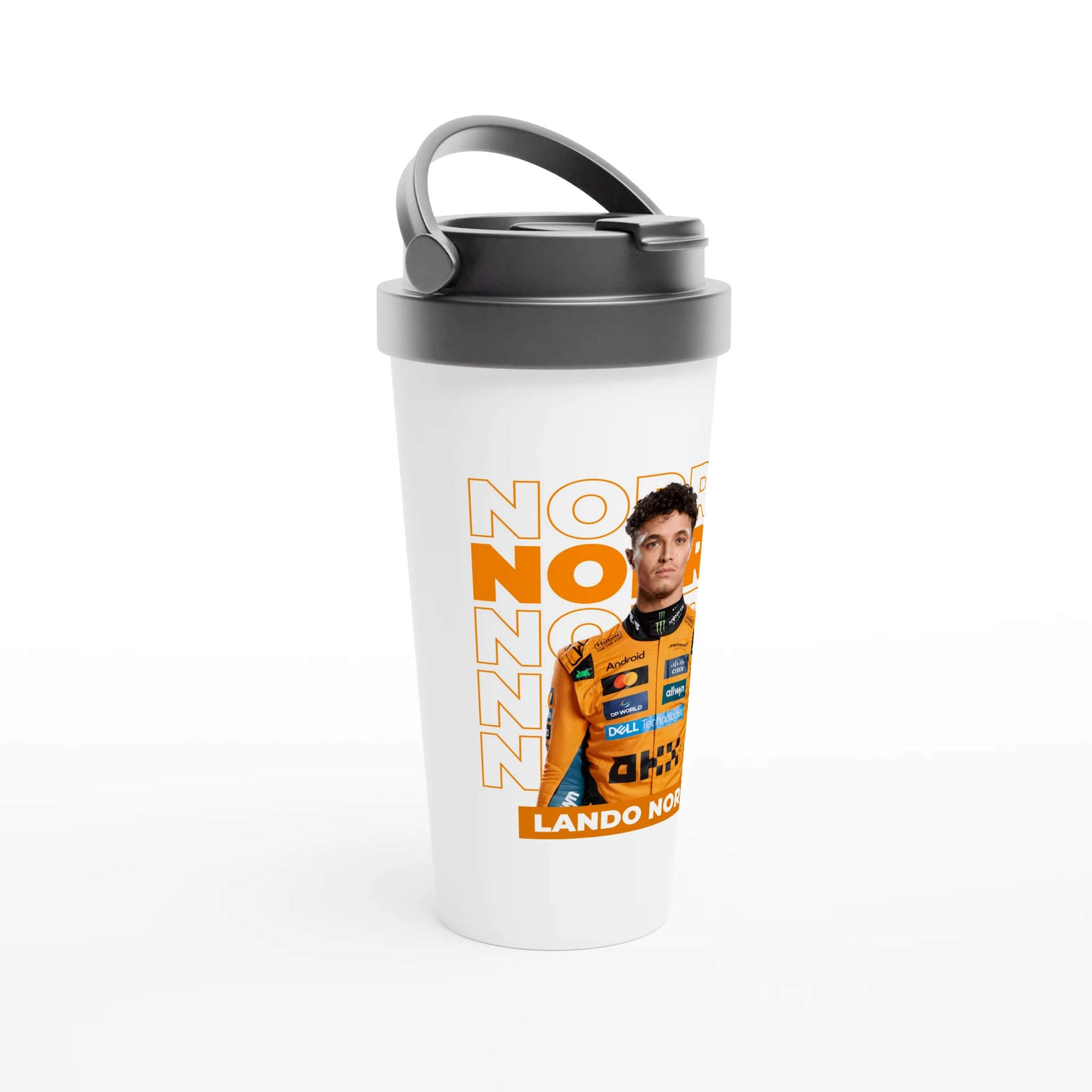 f111 merch white color travel-mug with norris branding.