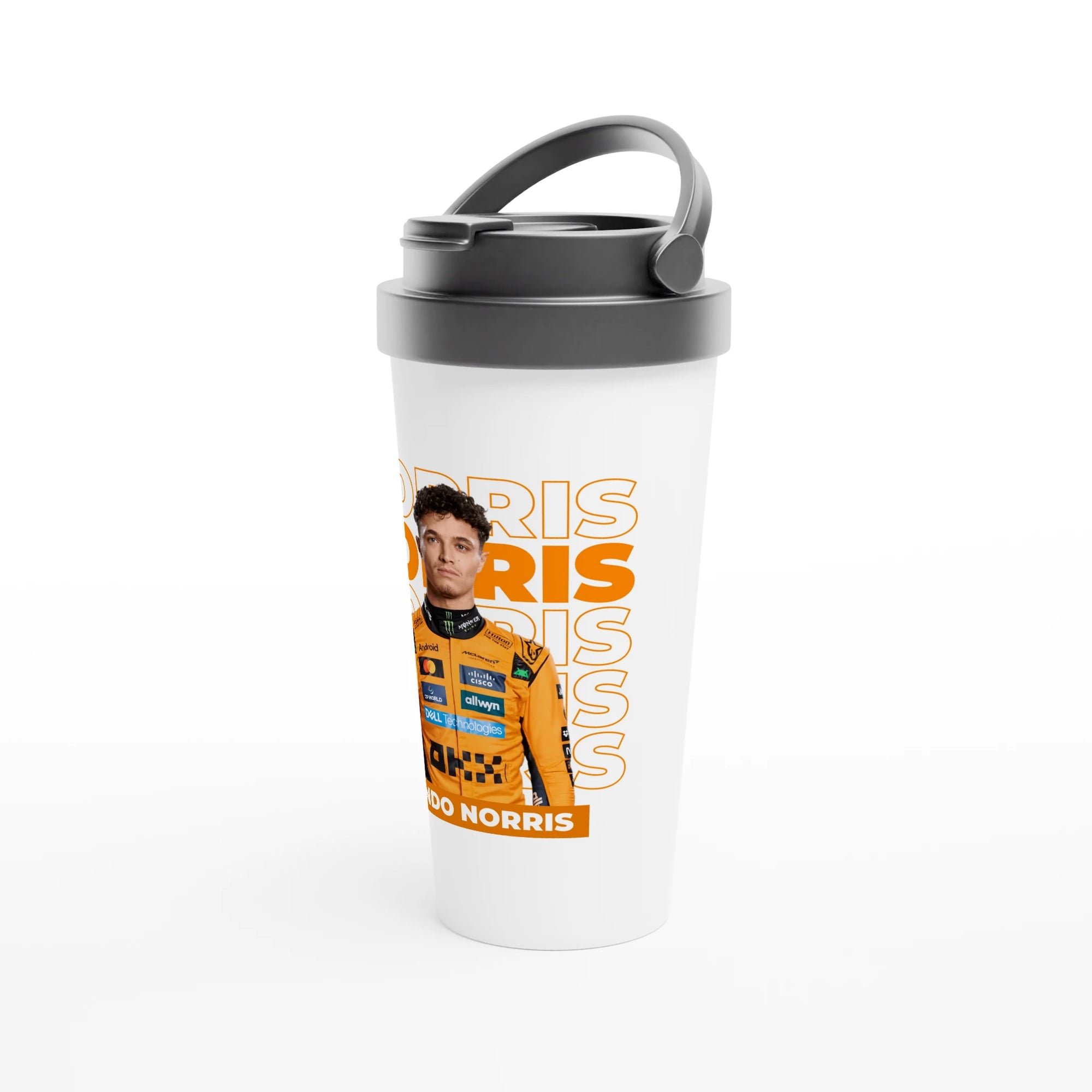 f111 merch white color travel-mug with norris branding.