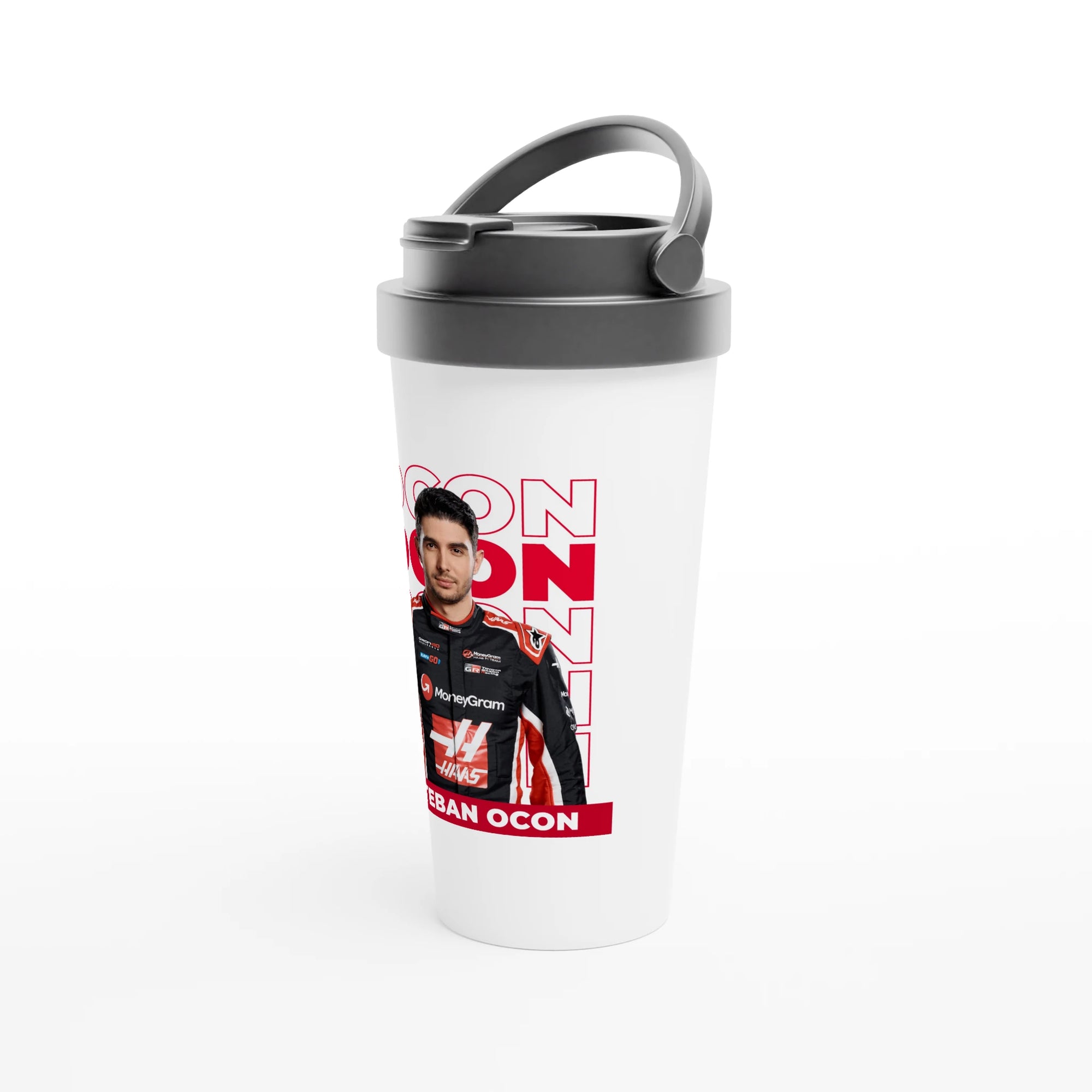 f111 merch white color travel-mug with ocon branding.