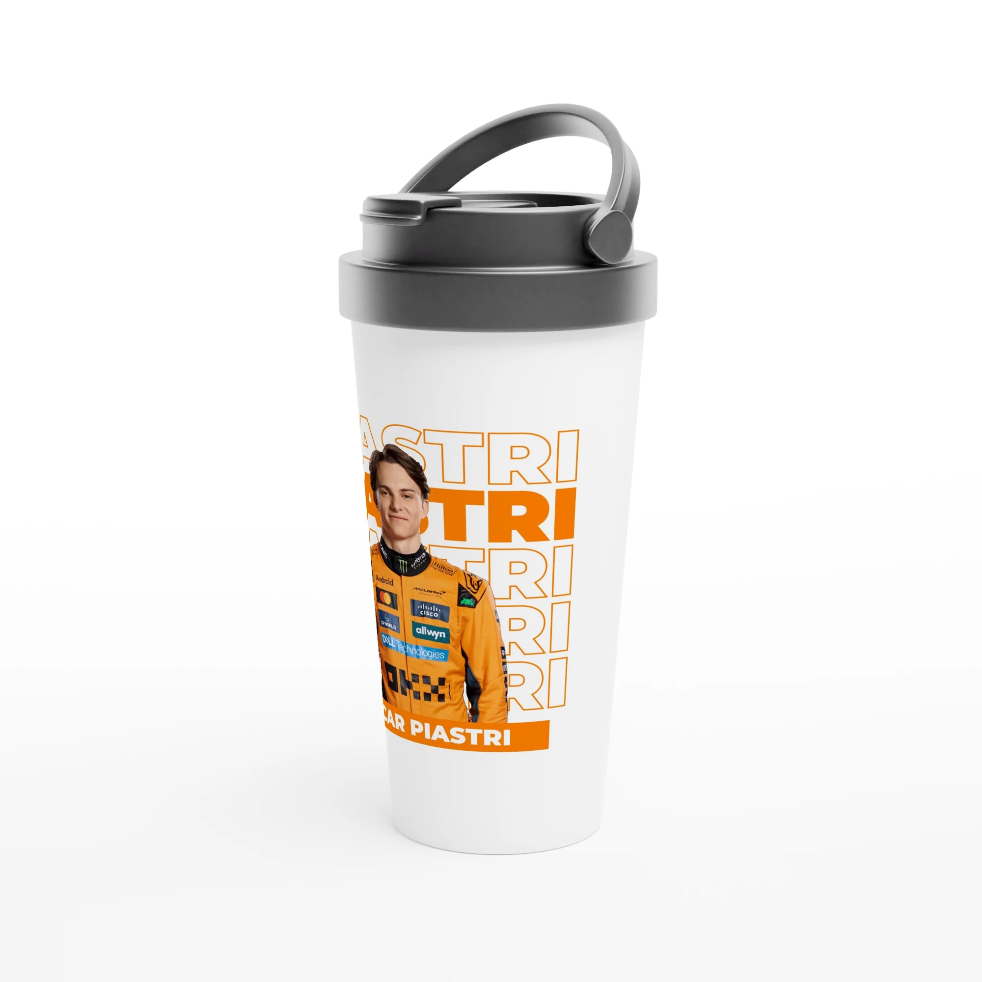 f111 merch white color travel-mug with piastri branding.