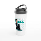 f111 merch white color travel-mug with russell branding.