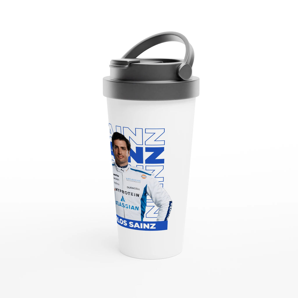 f111 merch white color travel-mug with sainz branding.
