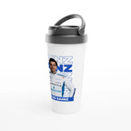 f111 merch white color travel-mug with sainz branding.