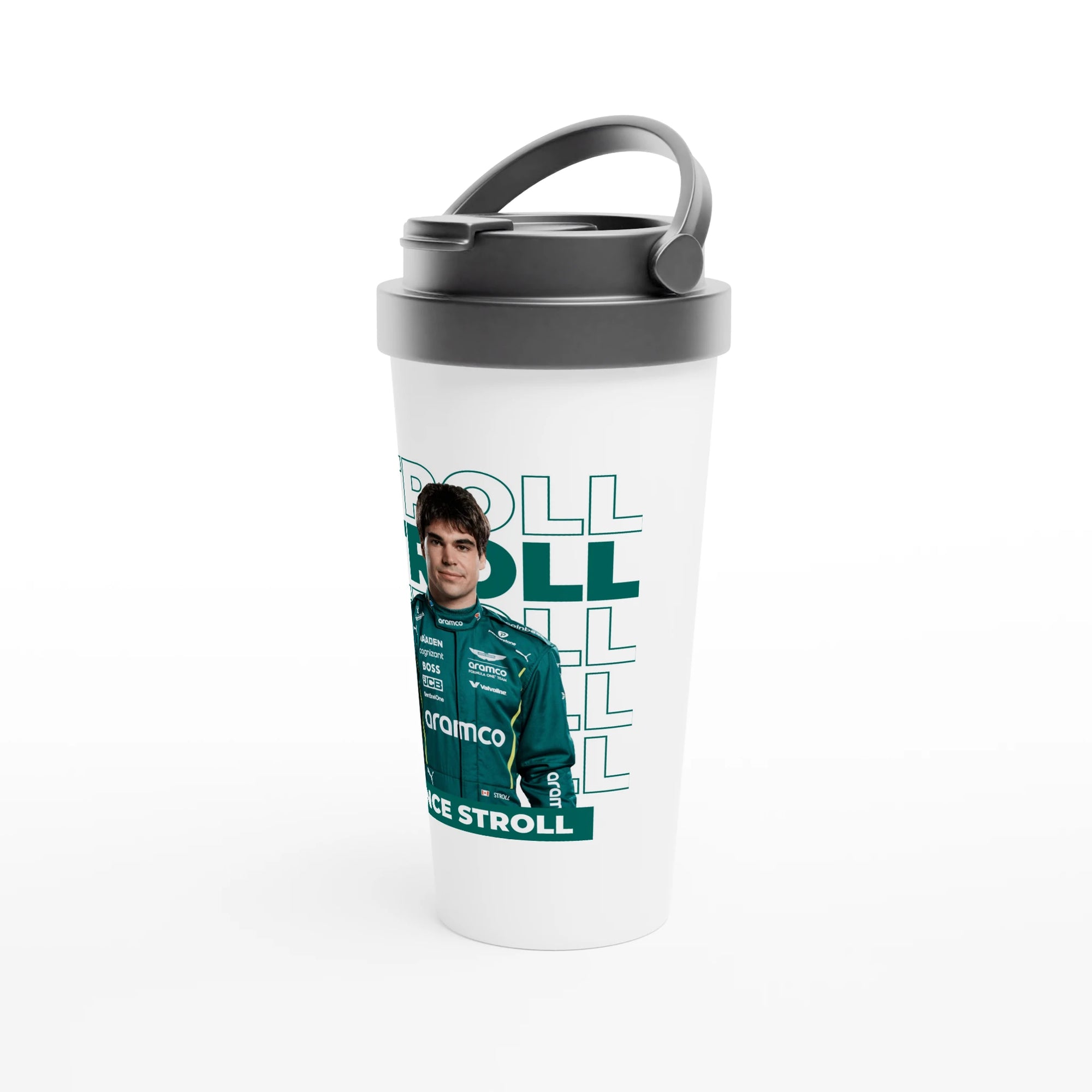 f111 merch white color travel-mug with stroll branding.