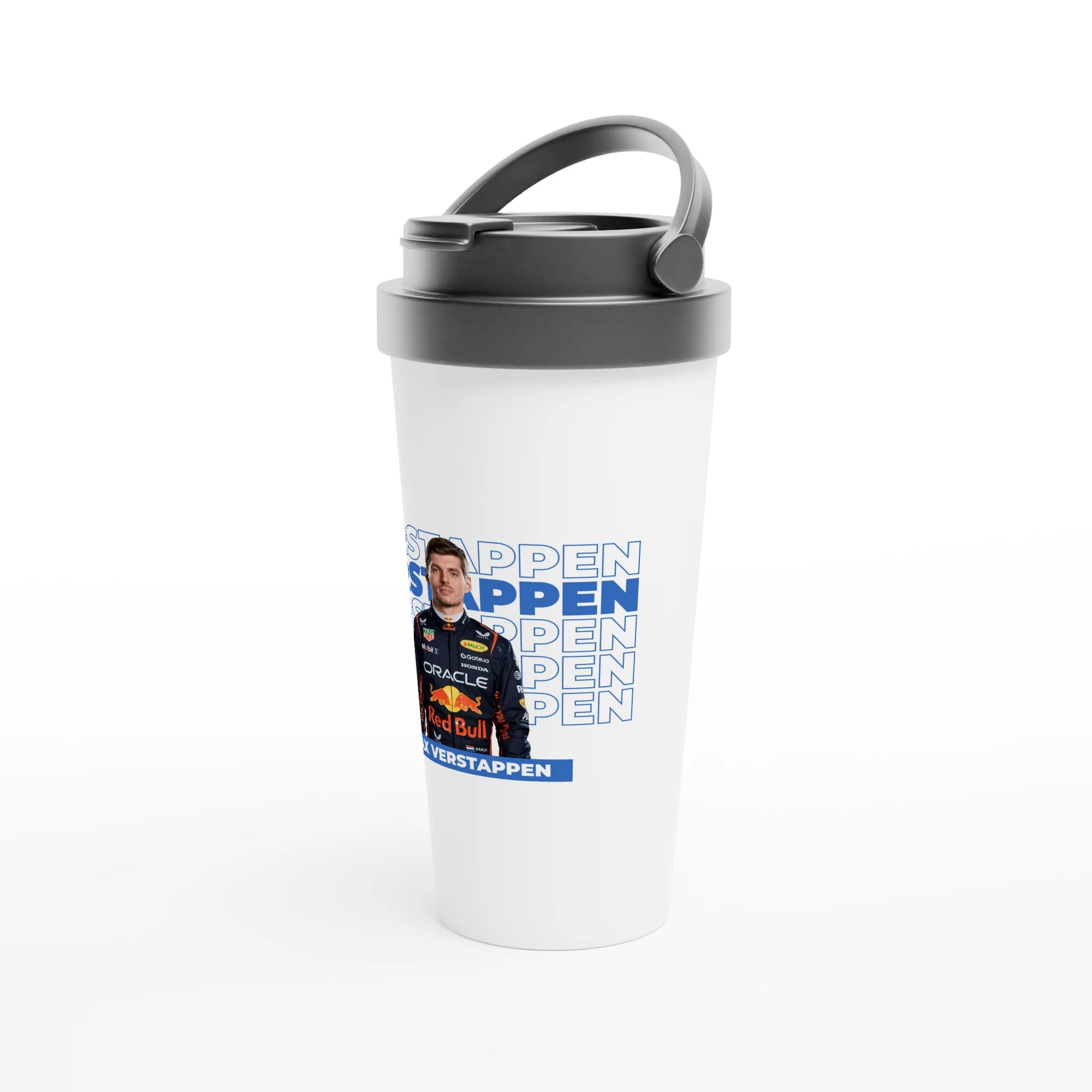 f111 merch white color travel-mug with verstappen branding.
