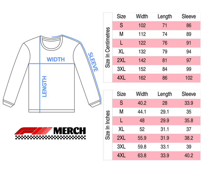 Size chart for Lewis Hamilton | Formula 1 Midweight Fleece Crewneck Sweatshirt